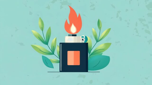 Lighter surrounded by green leaves and vibrant flame on a pastel background highlights nature and fire elements