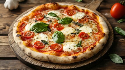 Delicious Margherita Pizza on Rustic Wooden Board