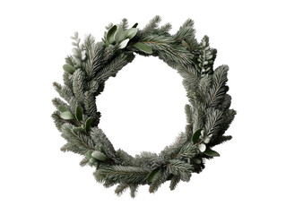 Elegant Frosted Evergreen Christmas Wreath Isolated on White Background