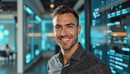 A portrait headshot photo of a friendly professional CEO executive business worker: A smiling young man with light complexion and short dark hair stands confidently in a modern, high-tech office 