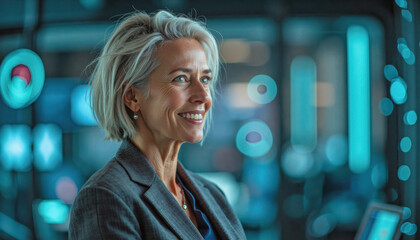 A portrait headshot photo of a friendly professional CEO executive business worker: A confident, gray-haired woman in a business suit smiles thoughtfully while looking towards a futuristic displa