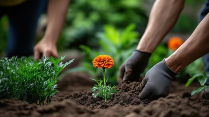 Fototapeta premium Close-up of young people collaboratively planting vibrant orange zinnia flowers in a sunlit garden, focusing on soil preparation, seed cultivation, and hands nurturing plants with gardening tools. Gar