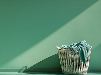 A laundry basket full of on the floor against a green wall, empty space for text