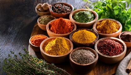 wooden bowls filled with colorful spices on a rustic table with herbs