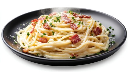 Delicious Italian Pasta with Creamy Sauce and Bacon Bits – Gourmet Close-up Shot
