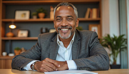 Fototapeta premium A portrait headshot photo of a friendly professional CEO executive business worker: A smiling middle-aged man with graying hair and a neatly trimmed beard sits confidently at a desk in a modern o