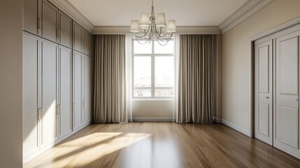 Elegant empty bedroom, sunlight, city view, hardwood floor, interior design