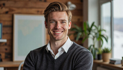 Naklejka premium A portrait headshot photo of a friendly professional CEO executive business worker: A smiling man with light brown hair and a neatly trimmed beard sits indoors, radiating warmth and confidence in