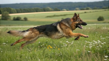 A german shepherd dog running freely in a field with lush greenery. The dog appears focused, with its tongue out and eyes on some target. The scene exudes energy and freedom.