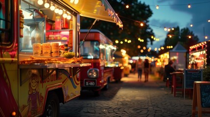 Evening scene with food spaces at the festival. The focus is a bright food with a lit window on which dishes are placed.