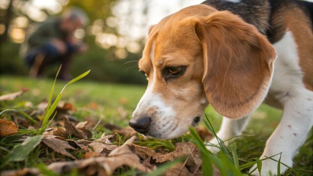 A cute beagle dog is sniffing the ground in a grassy field, with a blurred figure in the background