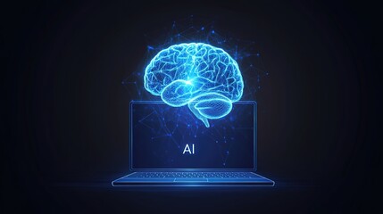 Futuristic AI Brain Hologram Above Laptop – A Vector Illustration of Machine Learning, Neural Networks, and Data Processing in Technology