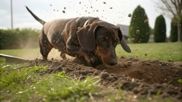 a dachshund dog digs a hole in the soil, its face full of focus and determination. The dog's playful energy and love of digging are captured