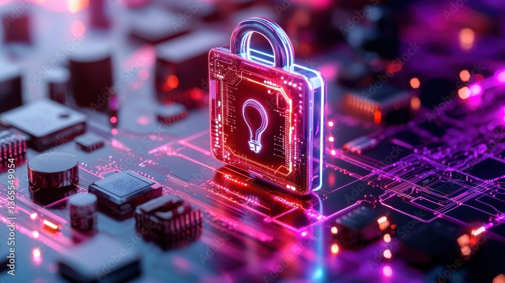 Poster glowing padlock on circuit board a cybersecurity concept image