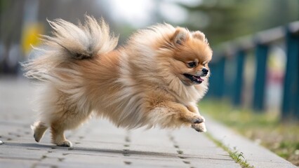 A fluffy Pomeranian dog running joyfully on a paved path, captured in mid-air, exuding energy and playfulness