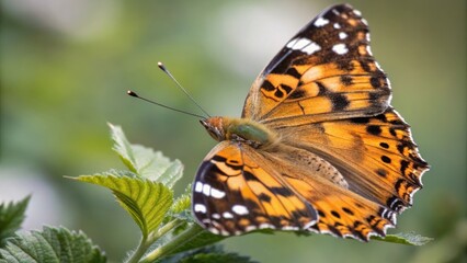 Obraz premium A captivating butterfly with intricately patterned wings perches on a leaf, showcasing the beauty of nature