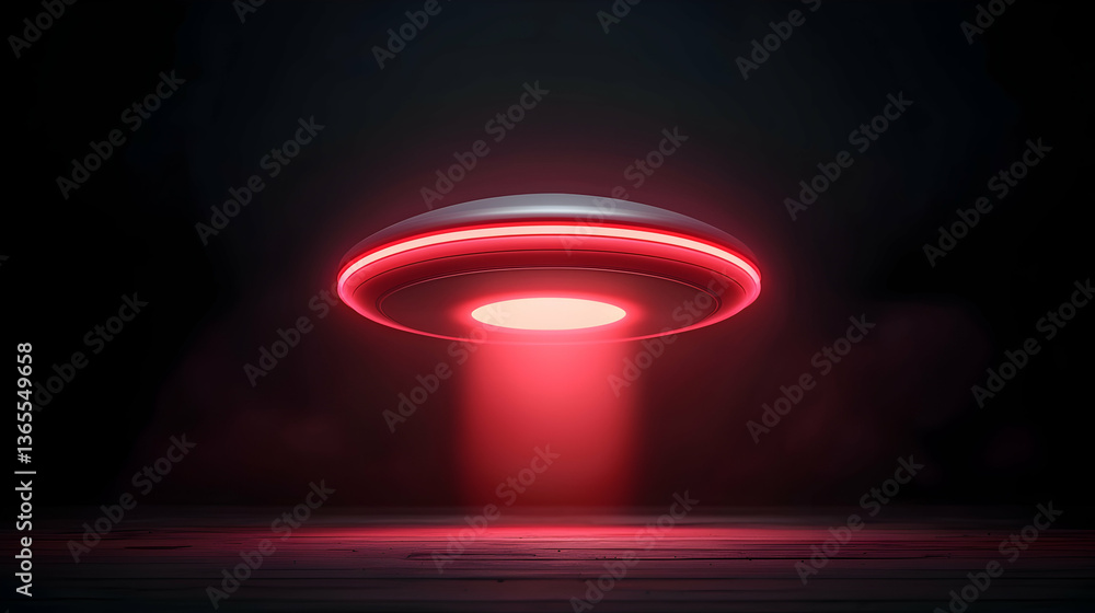 Poster red glowing pixel art spaceship hovering over dark surface