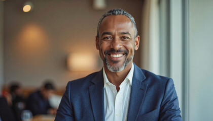 A portrait headshot photo of a friendly professional CEO executive business worker: A smiling, mature African American man in a navy suit confidently poses indoors with a blurred cafe background.