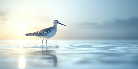 Obraz premium Bird stands in shallow water during sunrise at a serene beach
