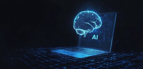 Futuristic AI Brain Hologram Above Laptop – A Vector Illustration of Machine Learning, Neural Networks, and Data Processing in Technology