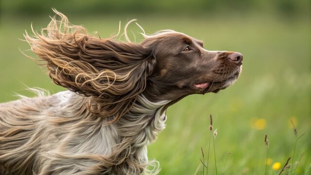 a brown and white dog running in a green field with the wind blowing its hair