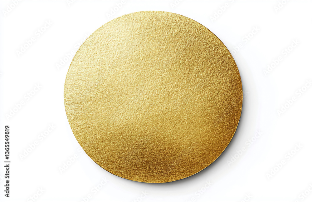 Poster a close up shot of a textured golden circle on a white background with soft lighting and shadows