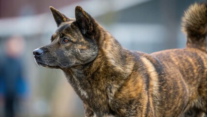 Naklejka premium A striking Akita Inu dog with a tiger-like pattern, attentively looking to the side. The dog's pose exudes confidence and alertness