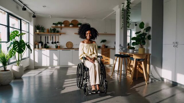 Cheerful young woman with afro hairstyle sits in her wheelchair in a bright, modern kitchen, enjoying the sunlight streaming through large windows and surrounded by lush green plants