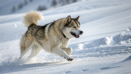 Naklejka premium an Alaskan malamute joyfully running through snow-covered landscape. This majestic dog exhibits playful energy, with fluffy tail and fur, showcasing an image of joyful winter activities.