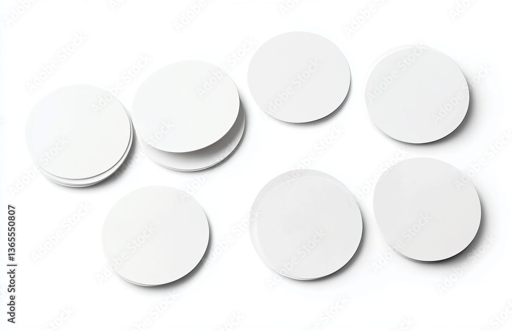 Poster a minimalist arrangement of several white circular objects on a plain white surface backdrop view
