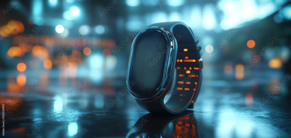 Poster smart wearable device displayed on reflective surface in futuristic urban setting during dusk