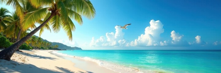 A lone seagull soars above a sun-kissed tropical beach with swaying palm trees and endless blue horizon , tropical beach, ocean view