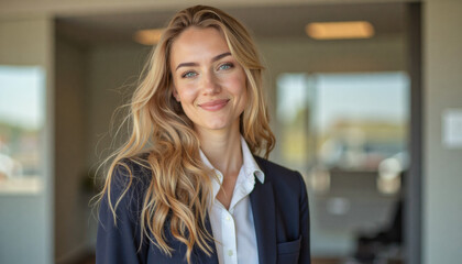 A portrait headshot photo of a friendly professional CEO executive business worker: A professional blonde woman smiles confidently at the camera while standing in a modern office buildings entra