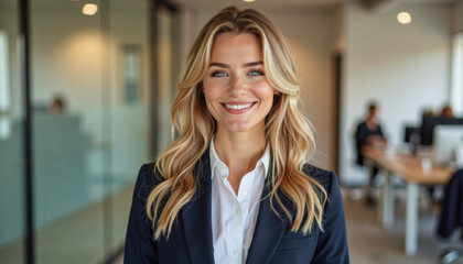 Obraz premium A portrait headshot photo of a friendly professional CEO executive business worker: A smiling young professional woman with blonde hair stands confidently in a modern office setting, wearing a na
