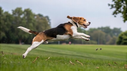 A playful beagle dog leaping across a green field with full of energy. The dog's ears are perked up, and its tail is wagging