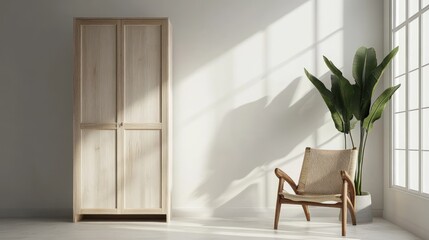 Light-filled room, wooden wardrobe, armchair, plant, sunlit wall, interior design, home decor, lifestyle