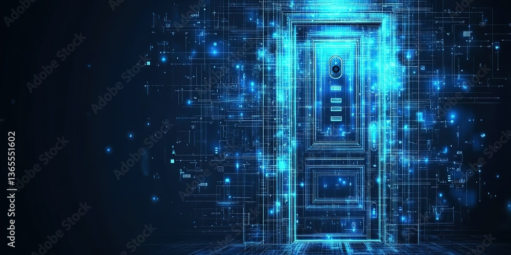 Poster digital door surrounded by glowing data streams representing technology and connectivity in a virtua