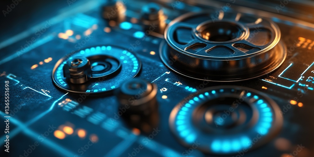 Poster close-up of futuristic control panel showcasing glowing blue and orange interfaces in a tech environ