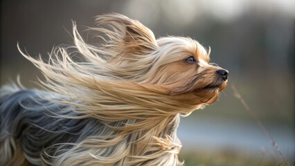 Naklejka premium a yorkshire terrier dog with windblown hair, the dog is running outdoors