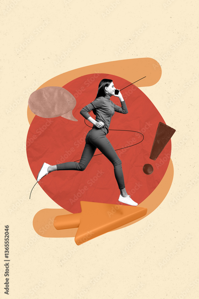 Poster poster image vertical photo collage of happy girl run cursor arrow pointer bubble communication talk