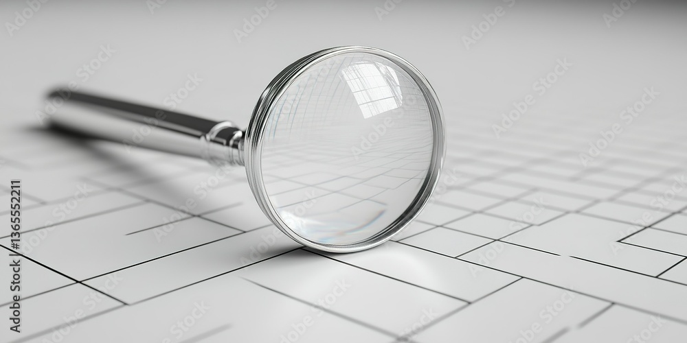 Poster magnifying glass resting on a geometric patterned surface with reflections showcasing detail and cla