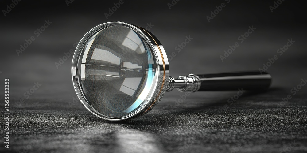 Poster magnifying glass resting on a textured surface reflecting light from nearby objects
