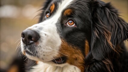 close-up portrait of a beautiful Bernese Mountain Dog, looking upwards. The dog has a tricolor coat, with a black, brown, and white pattern. The dog is outdoors, with a blurred background