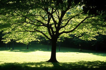 Obraz premium A large tree in a field illuminated by the sun