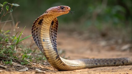 Fototapeta premium a detailed view of the cobra in its natural habitat, with its hood raised and ready to strike