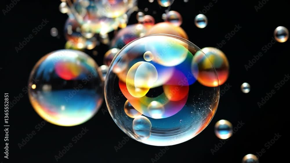 Poster vibrant bubble symphony: an artistic capture of iridescent bubbles floating against a dark backgroun