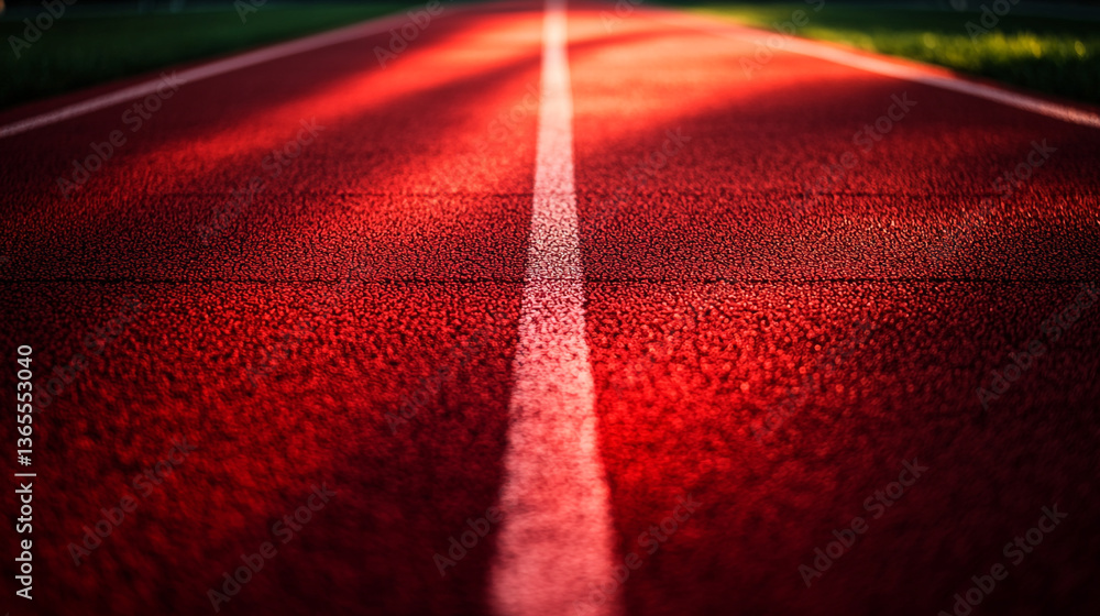 Poster a close up view of a red running track with a white line in the center leading into the distance