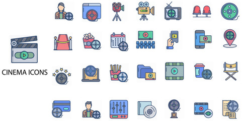 Cinema simple concept 24 color icons set. Contains such film industry, arts culture and entertainment .Vector illustration.