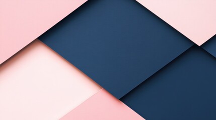 Abstract geometric design with overlapping squares in shades of pink and navy blue.
