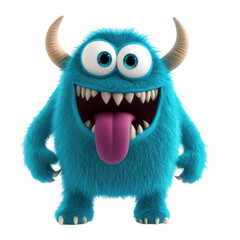 Fototapeta premium 3D cartoon, a happy, cute blue furry monster with horns and big eyes sticking out its tongue, on a white background, png